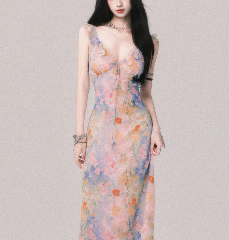 French Style V-neck Floral Strap Dress Seaside Vacation Style Long Dress