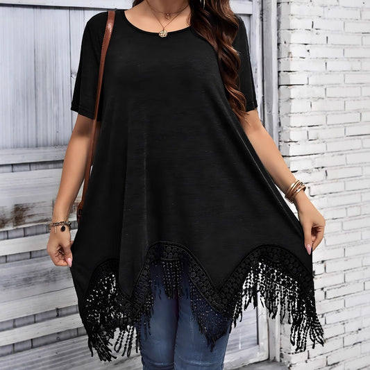 Versatile Solid-Color Short-Sleeve Top With Tassel-Trimmed Irregular Hem