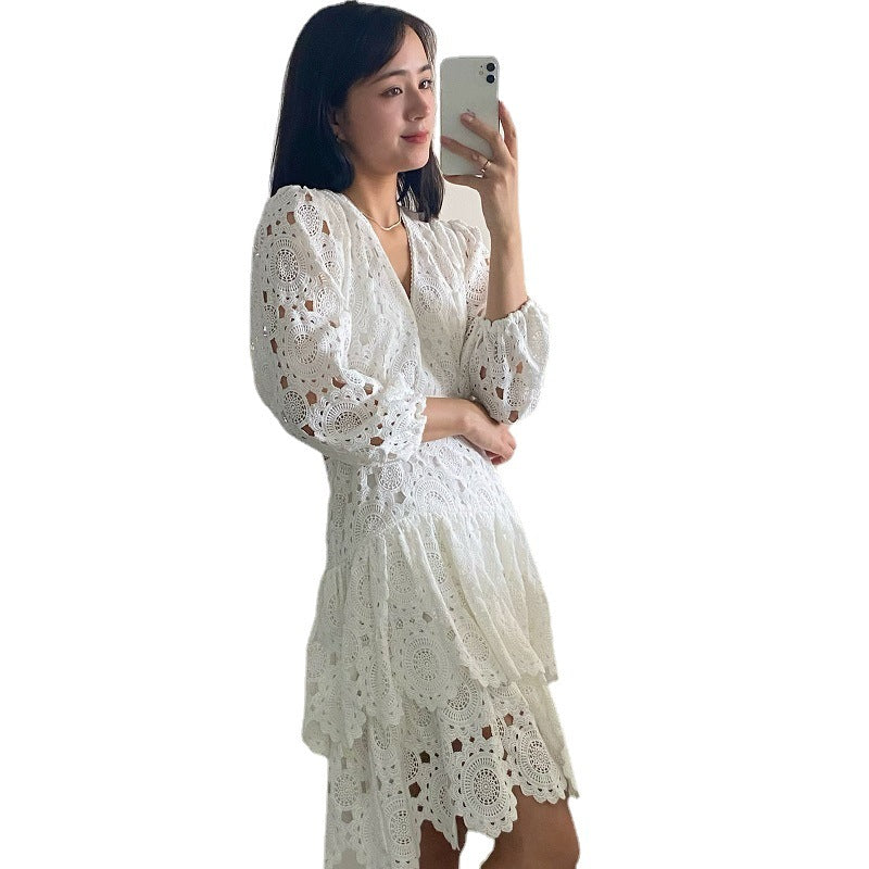 Hollow Embroidered Lace V-Neck Women's Dress
