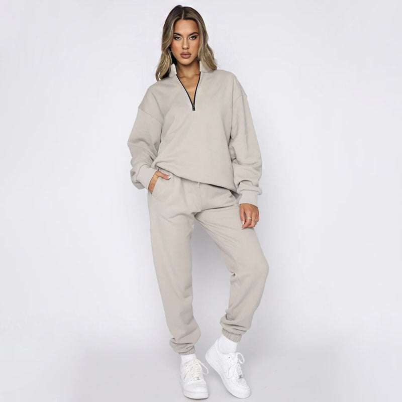 Half-Zipped Stand-Collar Long-Sleeved Solid-Colour Sweater Casual Suit