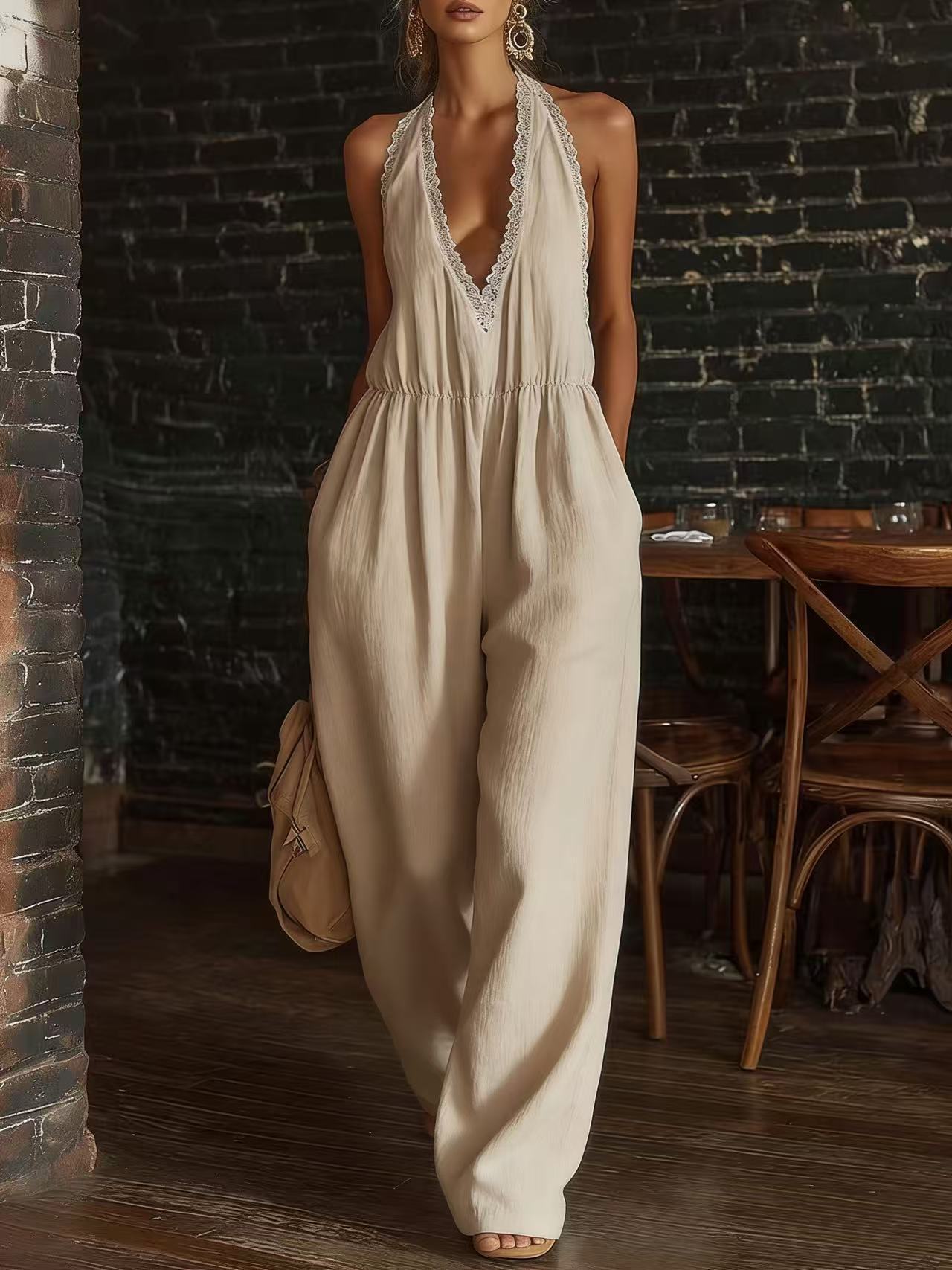 Casual And Comfortable Lace-trimmed Loose Linen Jumpsuit