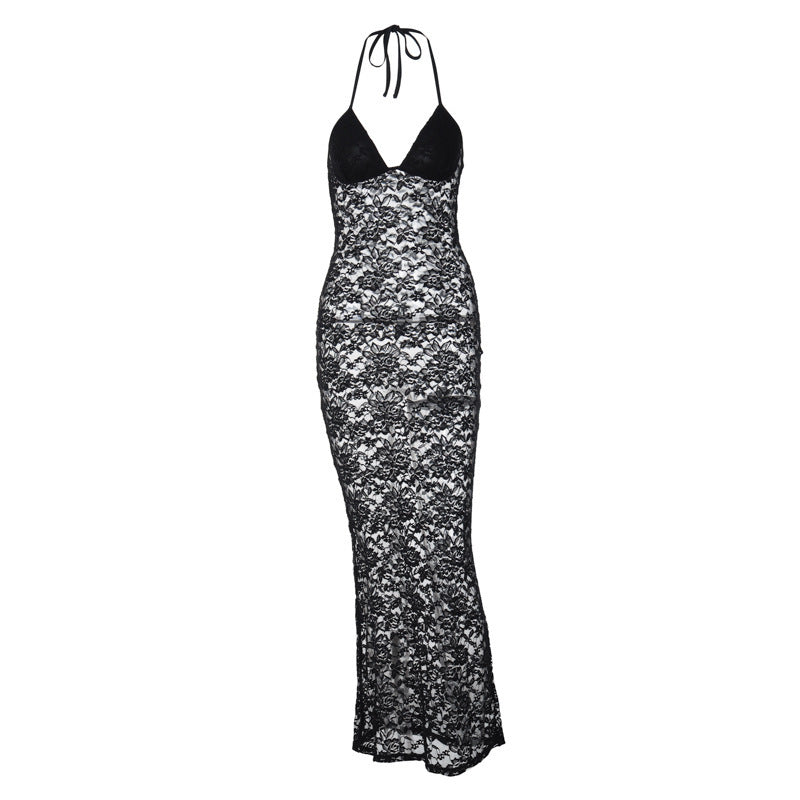 Lace V-Neck Halter Stitching Dress