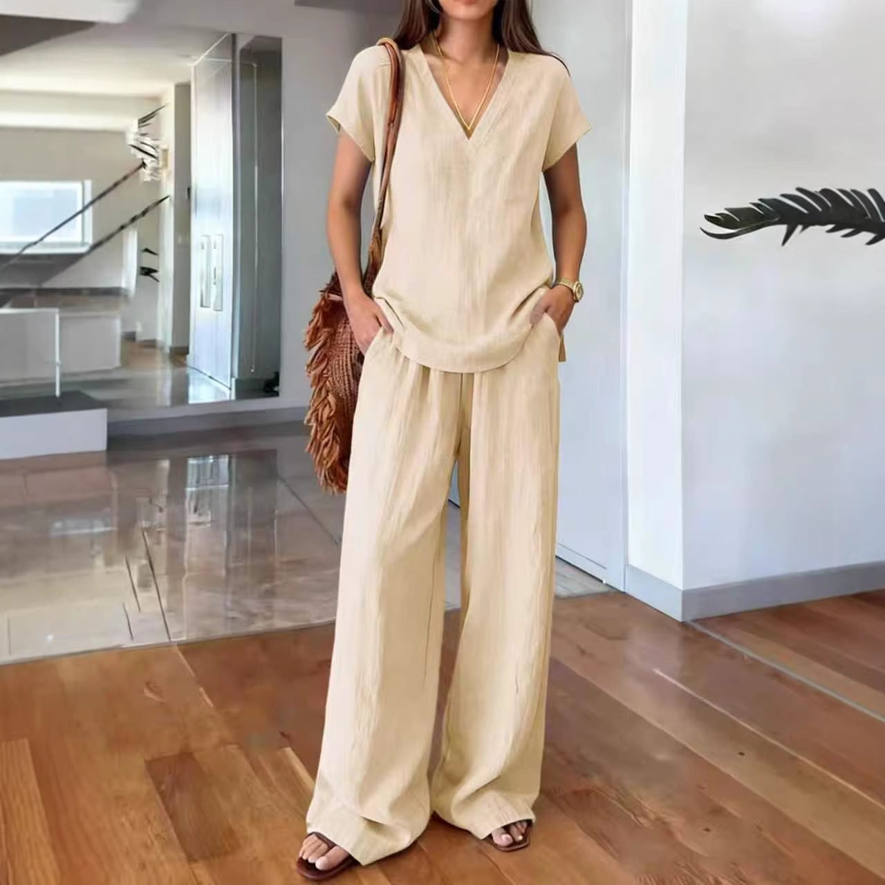 Fashionable V-neck Short-sleeve T-shirt And Wide-leg Pants Womens Suit
