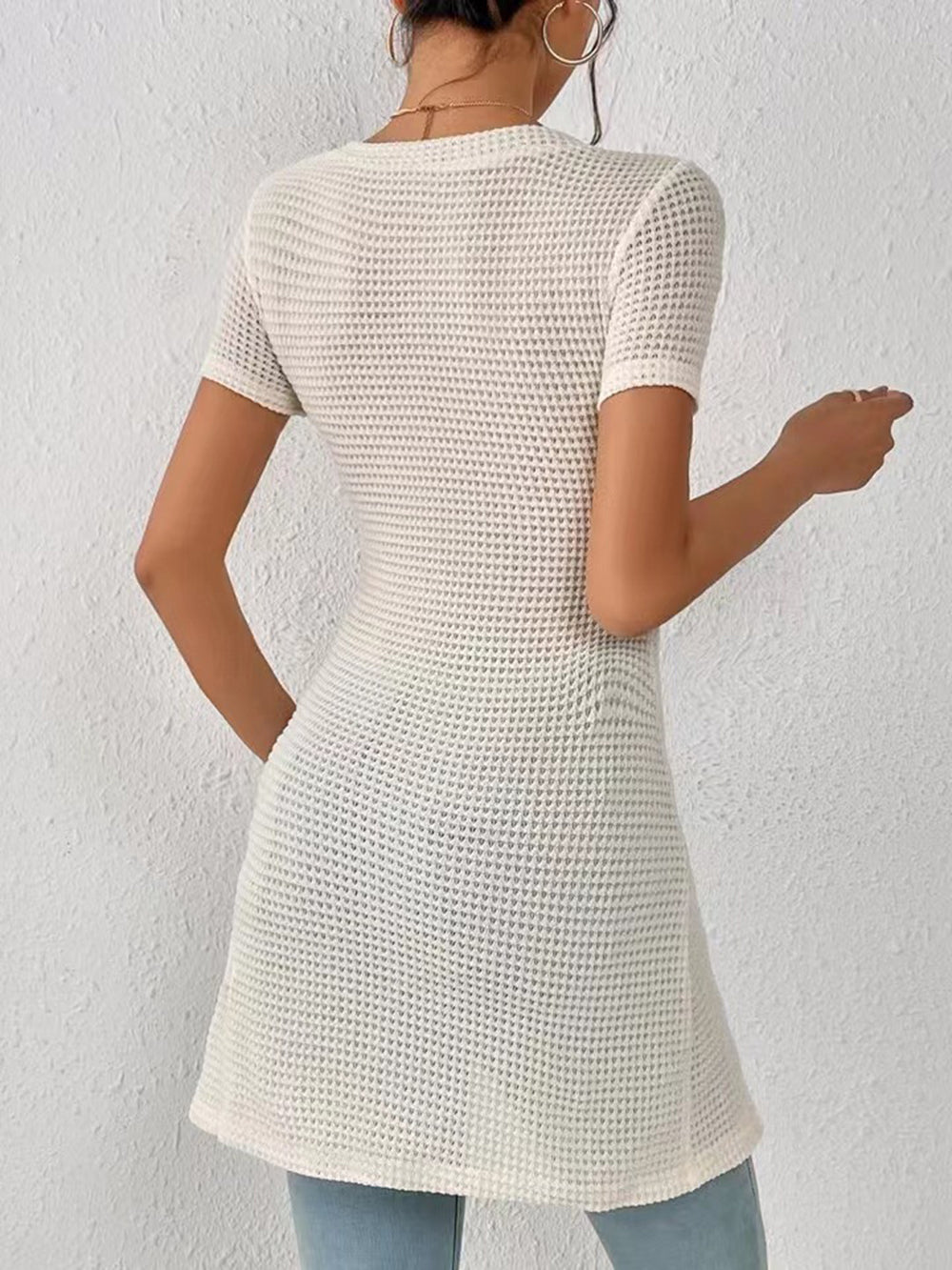 Women's Waffle Button Trim Long-Hem Slit Top