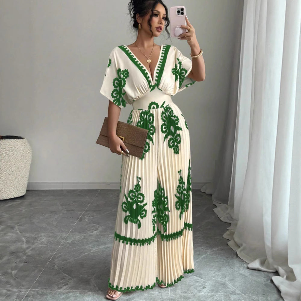 Casual Printed Loose Short-Sleeve Jumpsuit