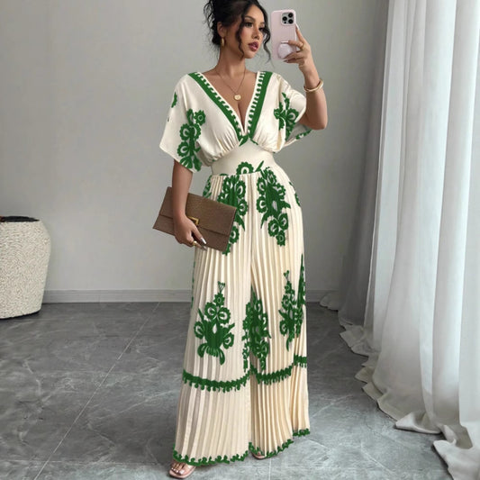 Casual Printed Loose Short-Sleeve Jumpsuit
