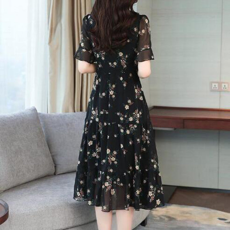 Mid-length Floral Chiffon Dress Covering Belly
