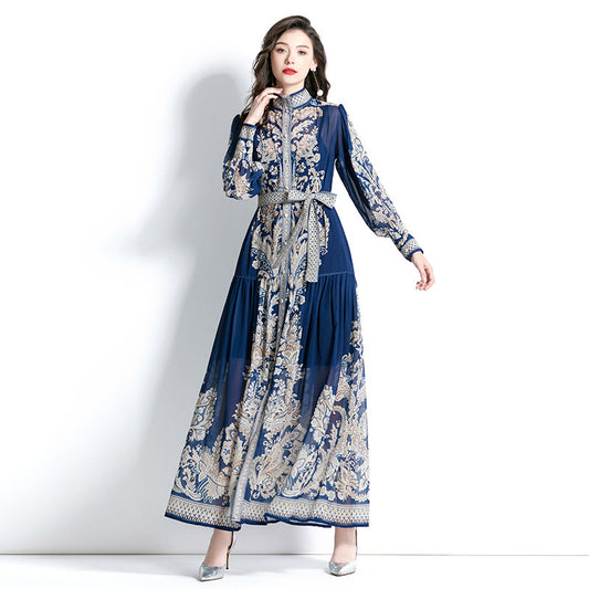 Stand-Up Collar Puff-Sleeve Lace Printing Dress