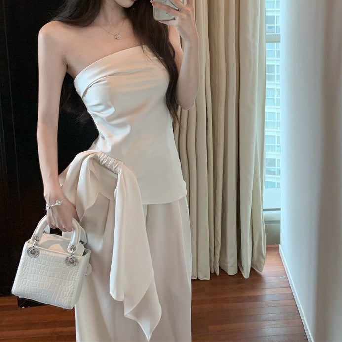 Asymmetrical Strap Cinched Waist Short Sleeveless Tube Top Jumpsuit With Wide-Leg Pants