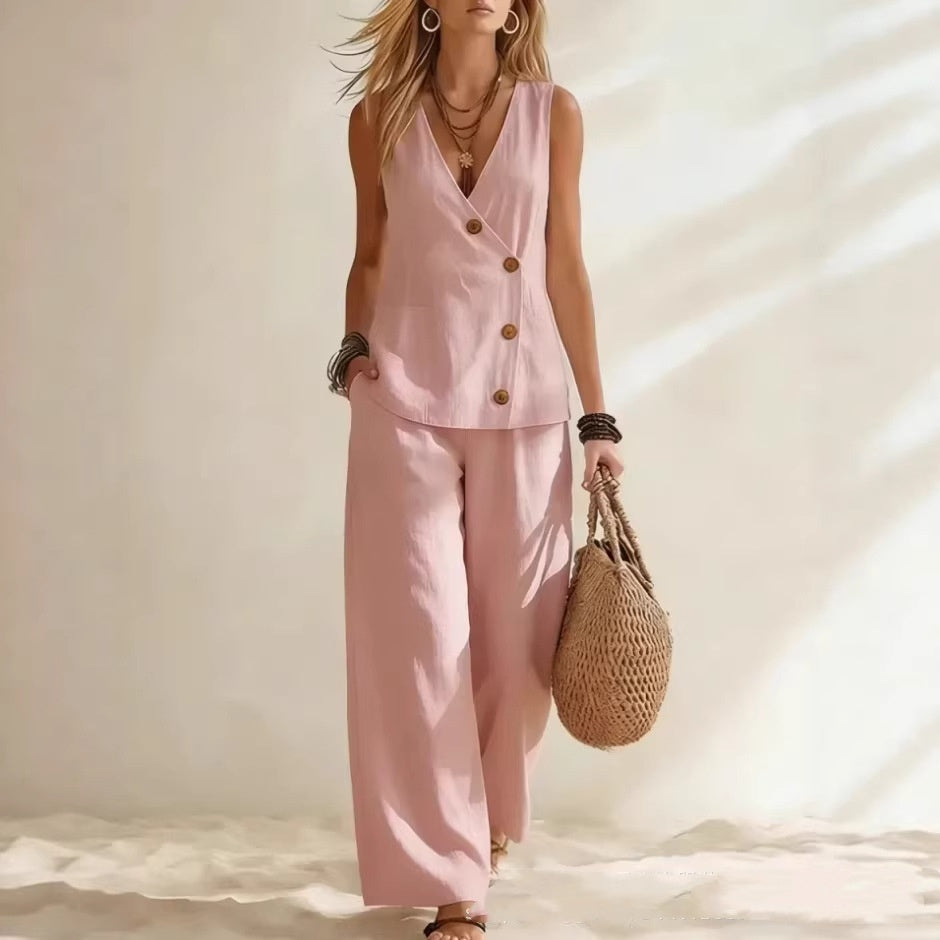 Button-Up Cardigan Vest & Pants Set