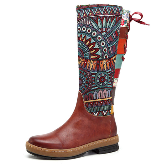 Vintage Mid-Calf Bohemian Retro Genuine Leather Printed Boots