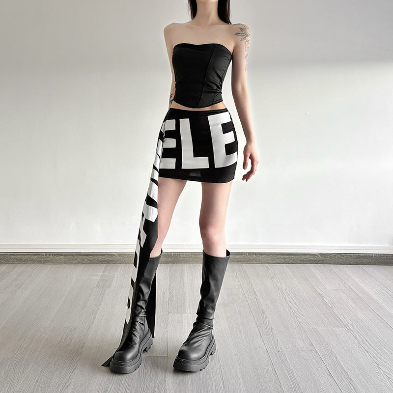 Womens Black And White Letter-Print Asymmetrical Mini Skirt