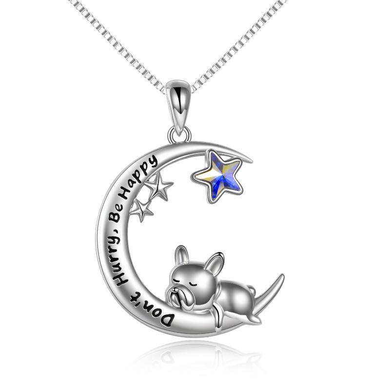 Sterling Silver French Bulldog Moon Pendant Necklace