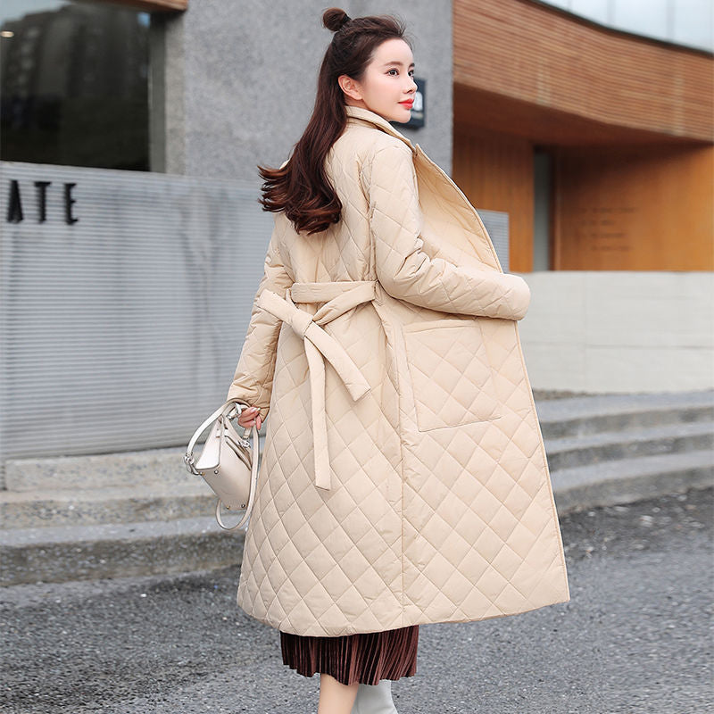 Mid-length Lightweight Cotton-padded Jacket Female Suit Collar Diamond Lattice Coat For Women