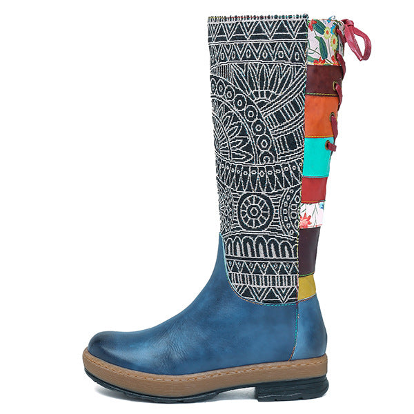 Vintage Mid-Calf Bohemian Retro Genuine Leather Printed Boots