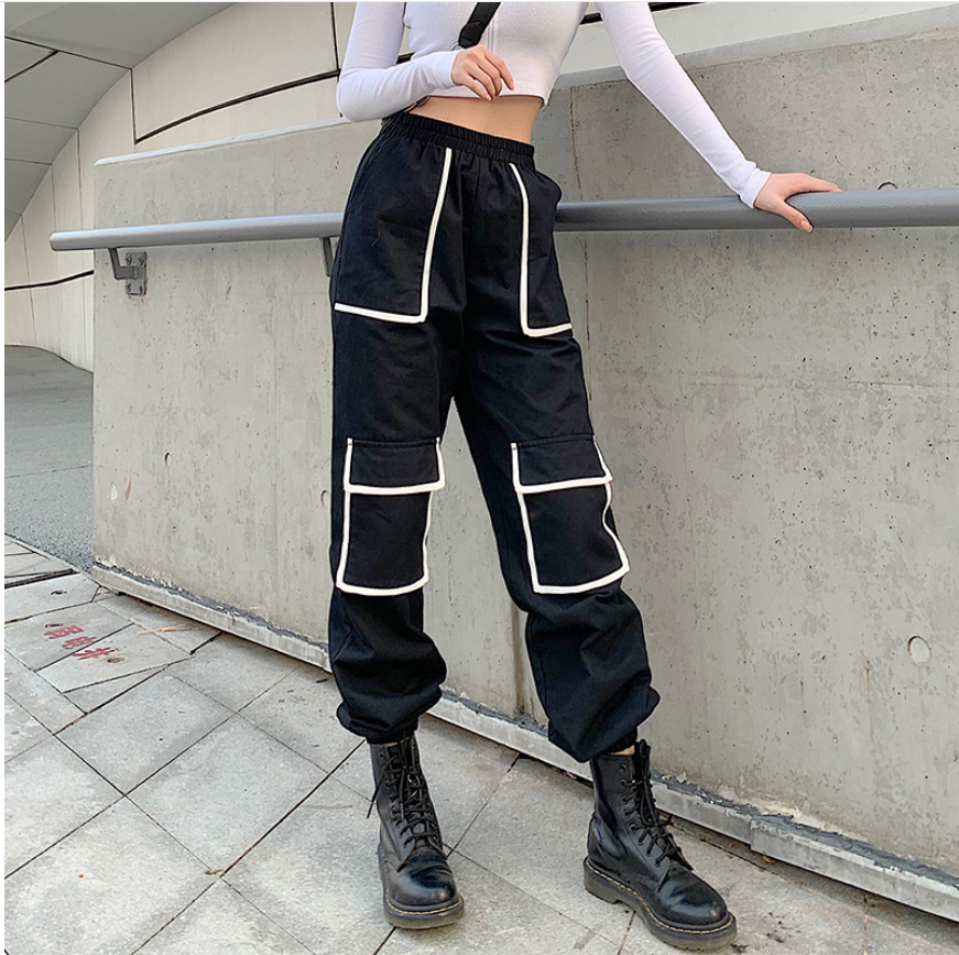 White Stripe Cargo Pants For Women -  Contrast Colour High-Waist Hip Hop Capris