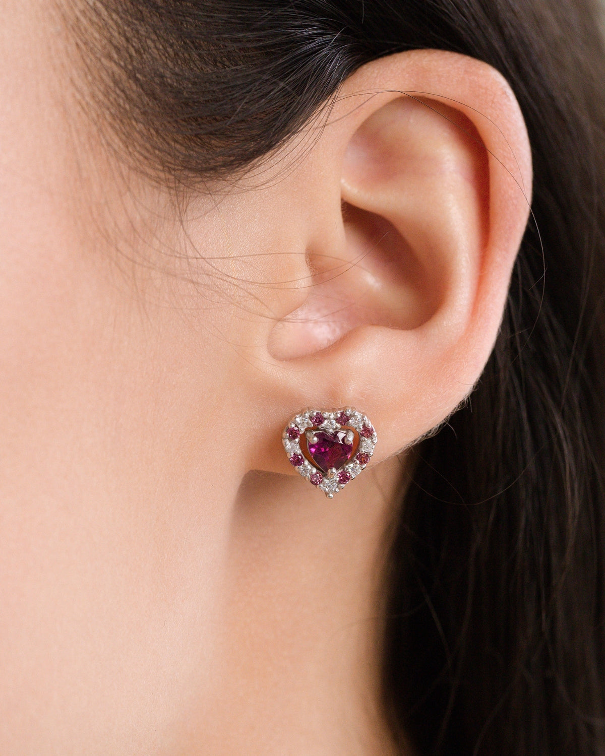 Red Heart Rhodolite Garnet Stud Earrings in Sterling Silver