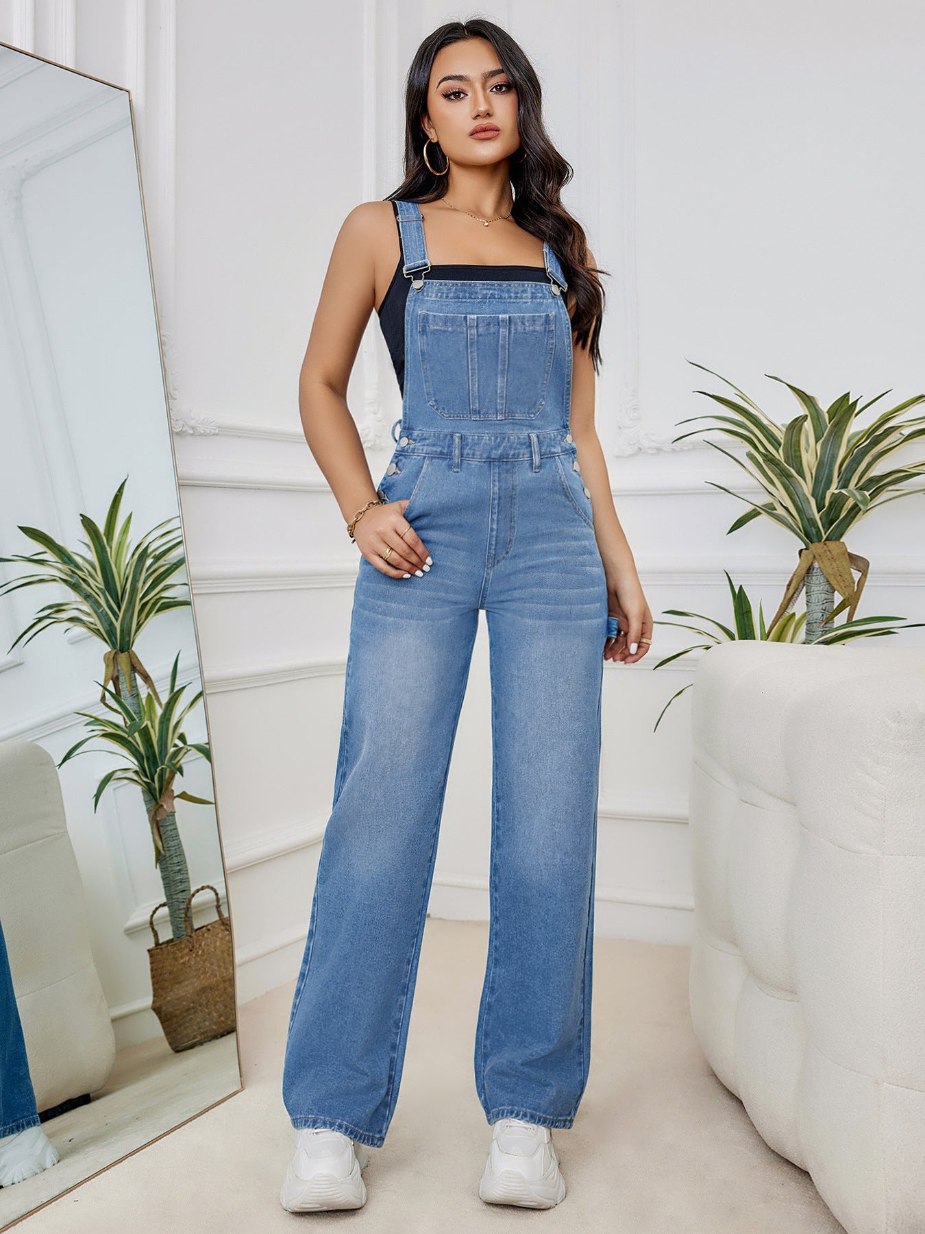 Washed Denim Suspender Pants Outfit