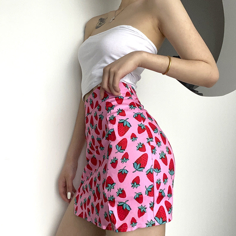 High-Waist Cherry Print Slit Short Skirt