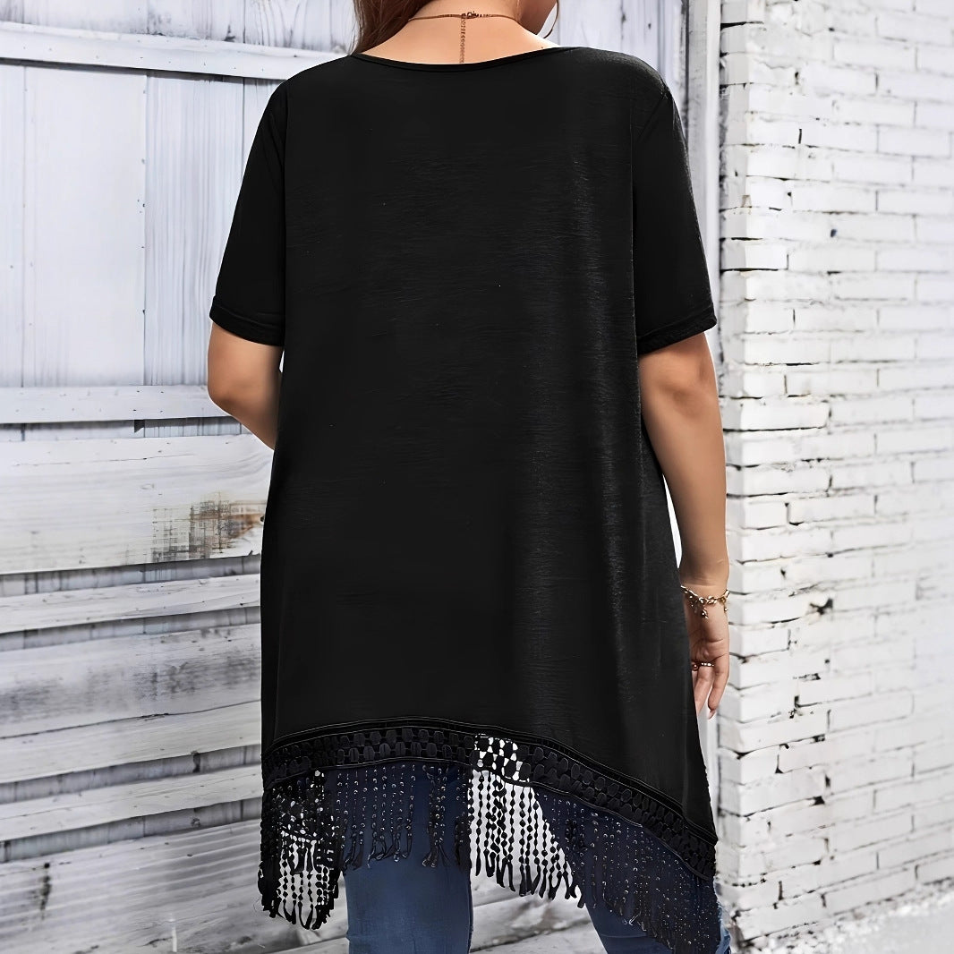 Versatile Solid-Color Short-Sleeve Top With Tassel-Trimmed Irregular Hem