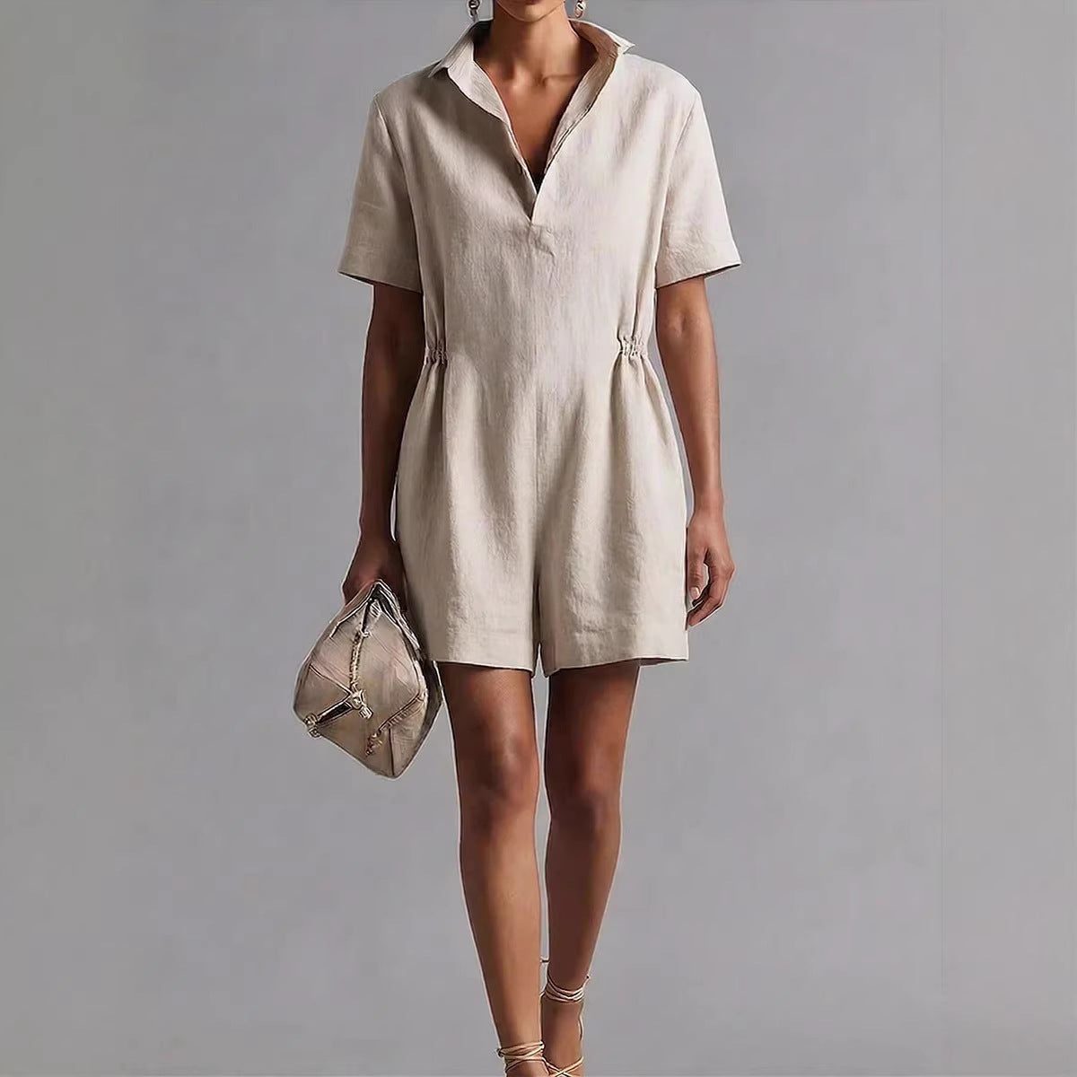 Womens Casual Long-Sleeve Lapel-Neck Split Jumpsuit