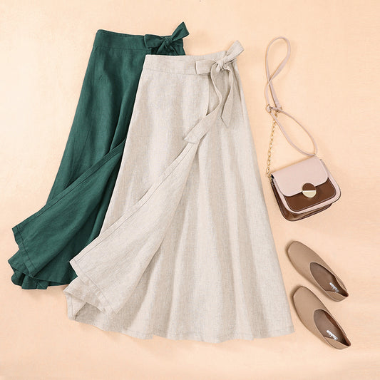 Lace-Up Cotton & Linen High-Waist Slim Skirt