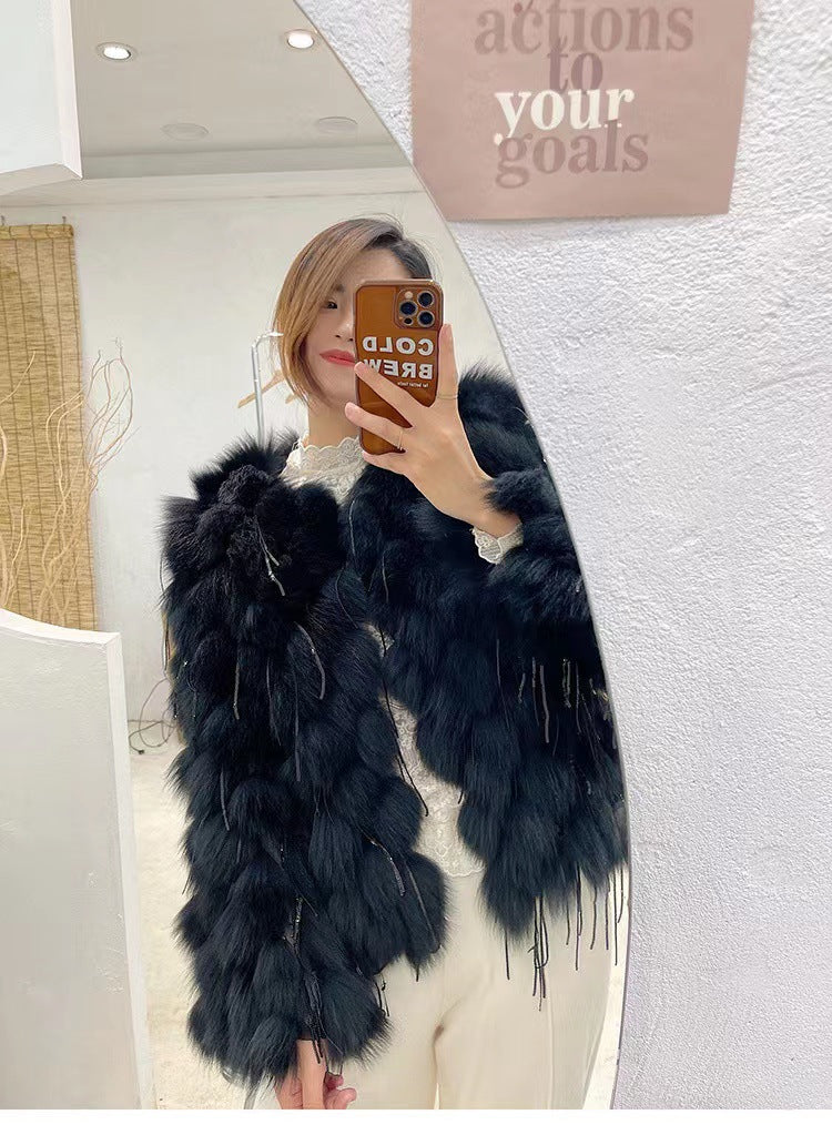 Plush Fox Fur Female Short Tassel Thickened Coat