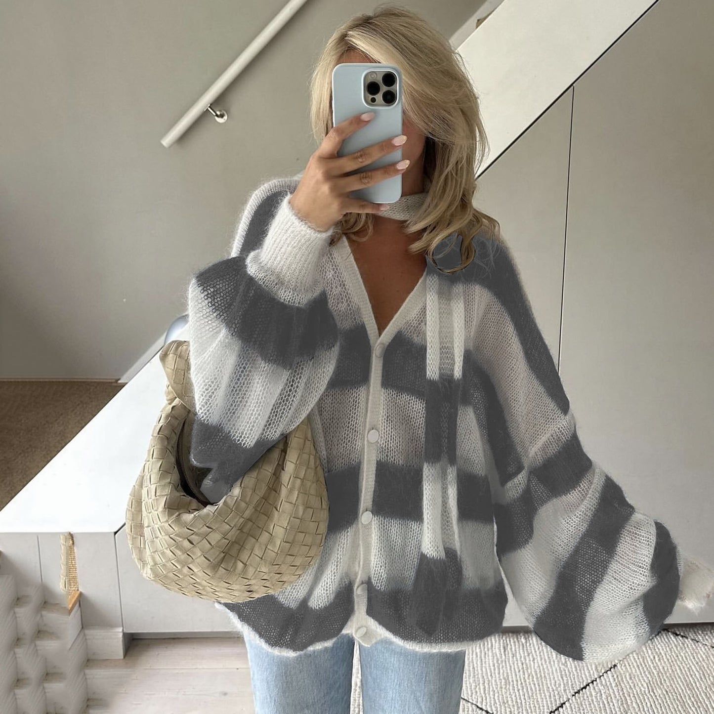 Loose Idle Striped Sweater Cardigan With Scarf