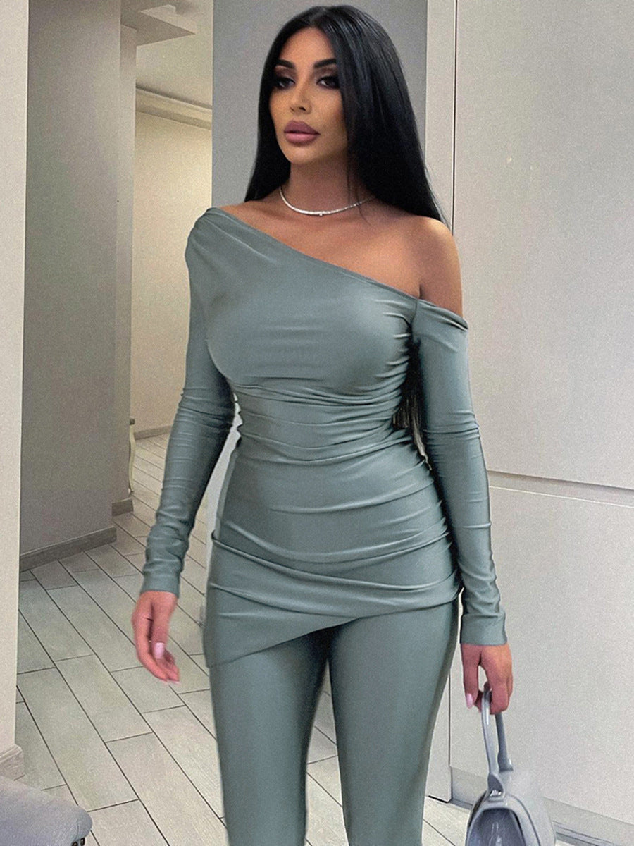 Cold-Shoulder Long-Sleeve Solid-Colour Top + Tight Trousers Casual Suit For Women