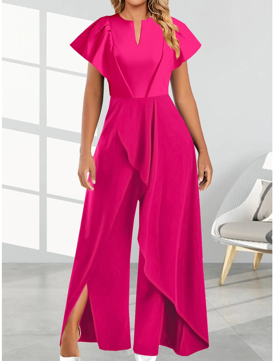 Women's V-Neck Irregular Wide-Leg Pants Jumpsuit