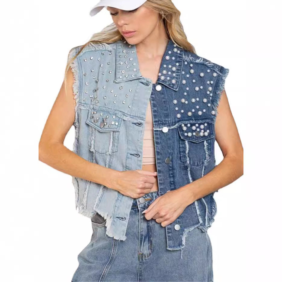 Splicing Beads Loose Short Denim Vest