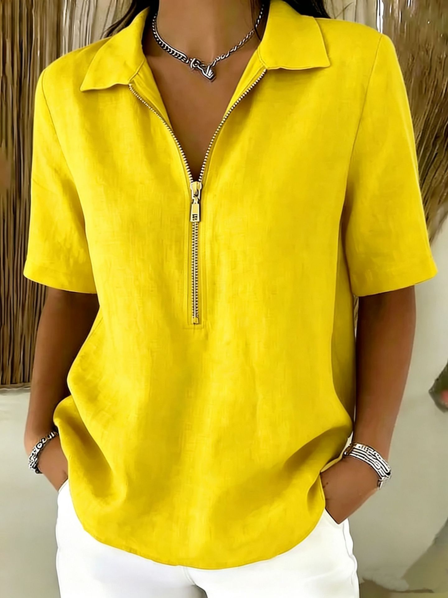 Solid-color Lapel-zip Mid-sleeve Womens Blouse