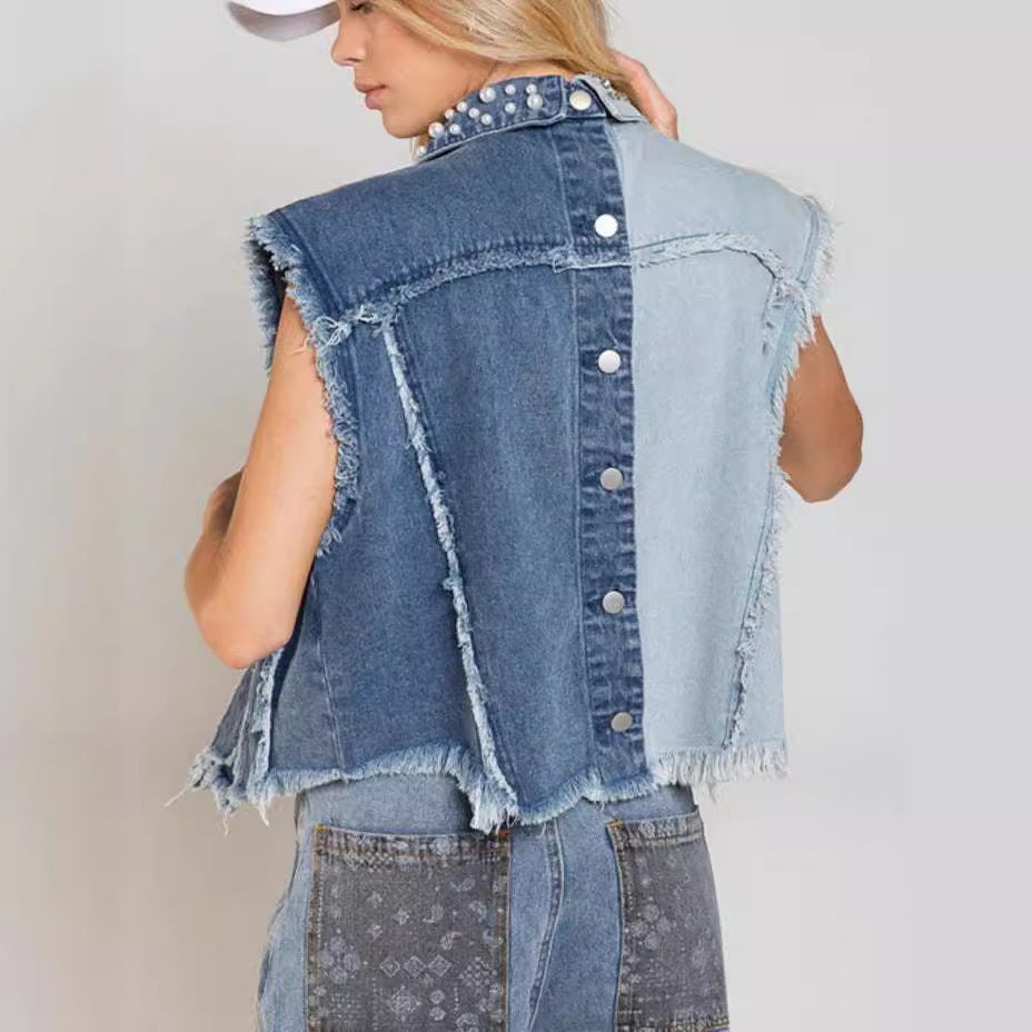 Splicing Beads Loose Short Denim Vest