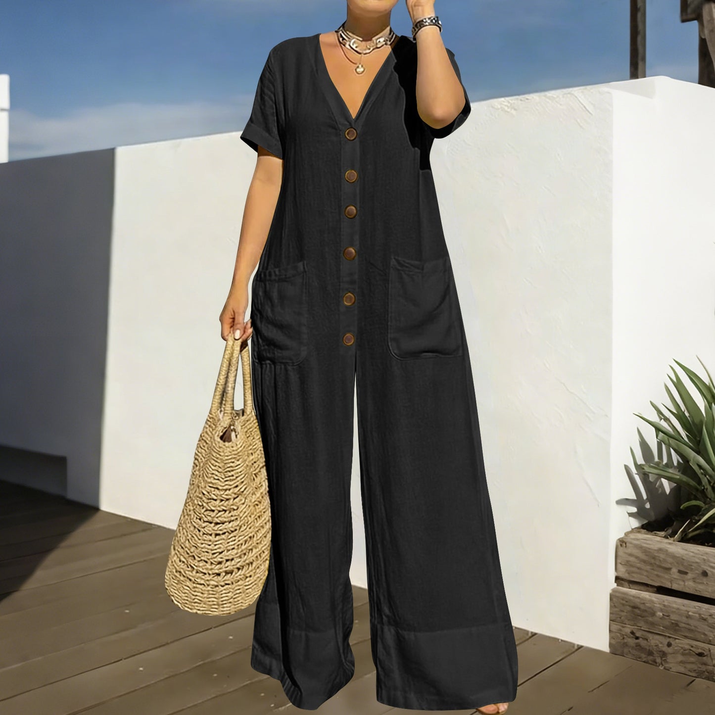 Women's Casual Loose V-Neck Button Jumpsuit