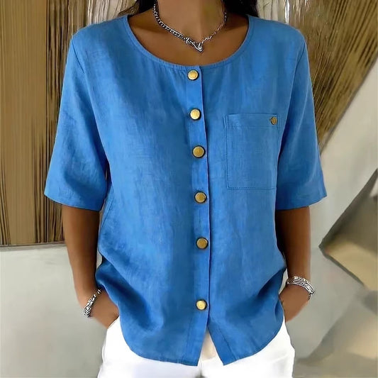 Womens Crew-Neck Shirt With Metal Buttons And Three-Quarter Sleeves