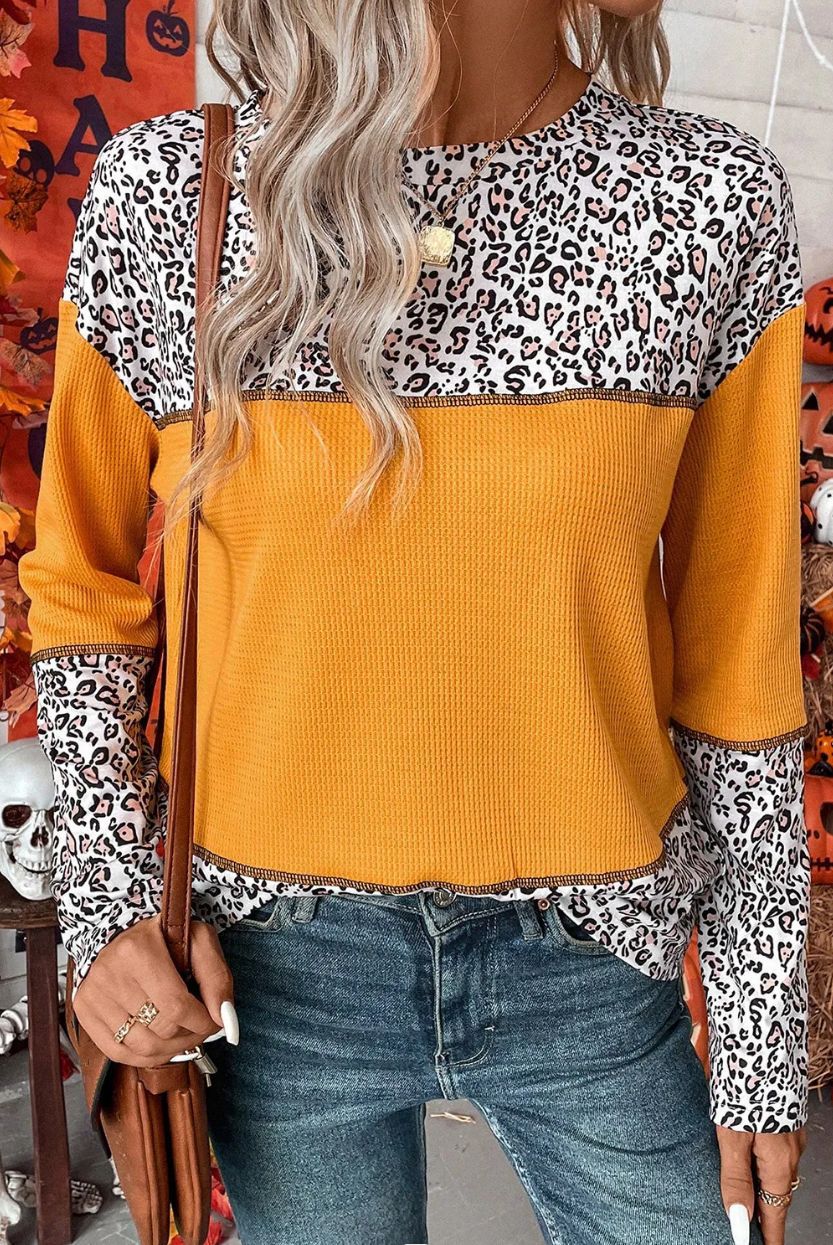 Round-Neck Pullover Leopard Splicing Waffle Sweater