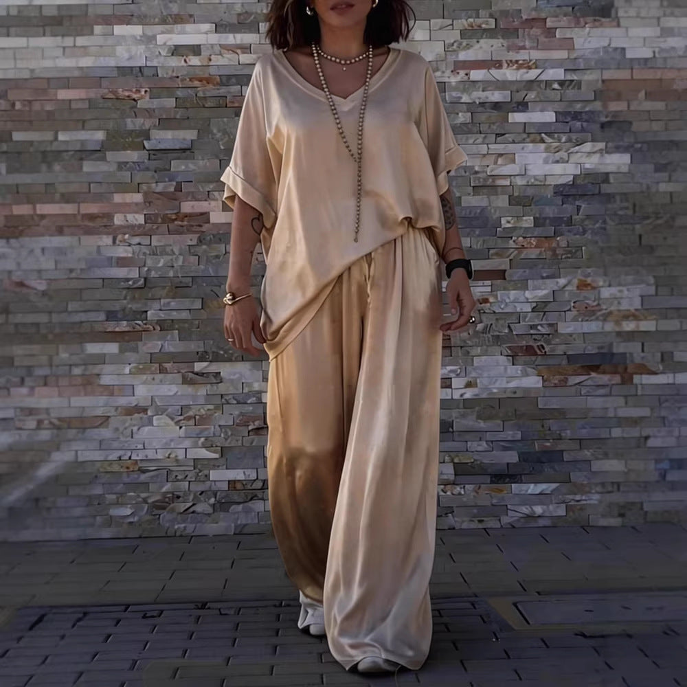 Women's V-Neck Short Sleeve Pullover Top And Matching Long Pants Casual Cotton Blend Multicolor Outfit