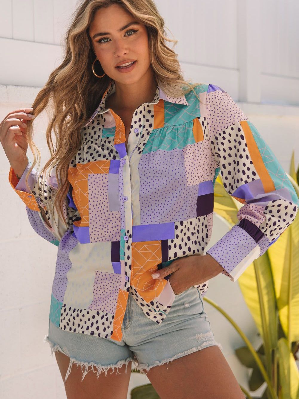 Printed Front Button Cuffed-Sleeve Shirt For Women