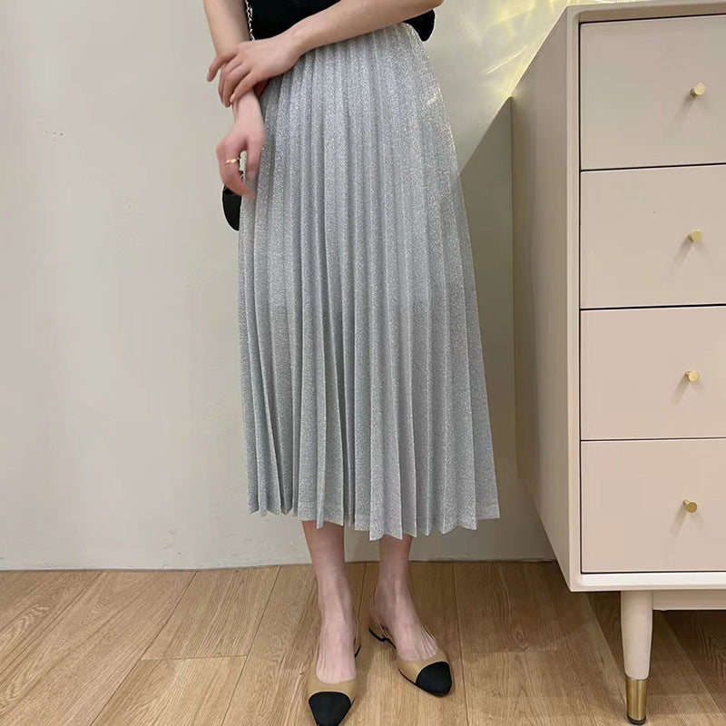 Elastic High-Waist Temperament Slim Long Pleated Skirt