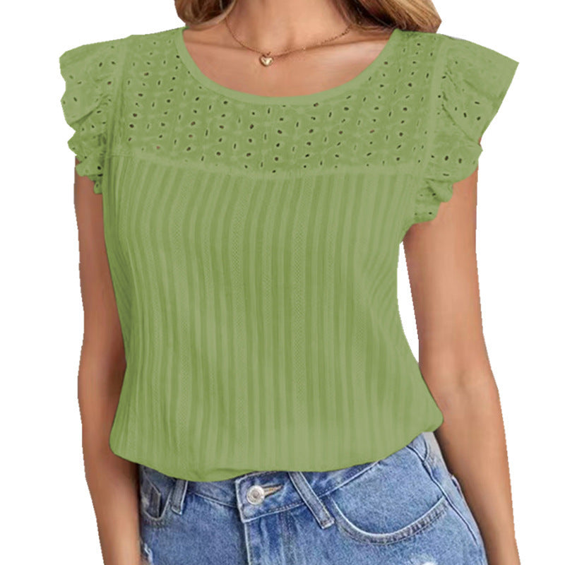 Patchwork Sleeveless Ruffled T-Shirt