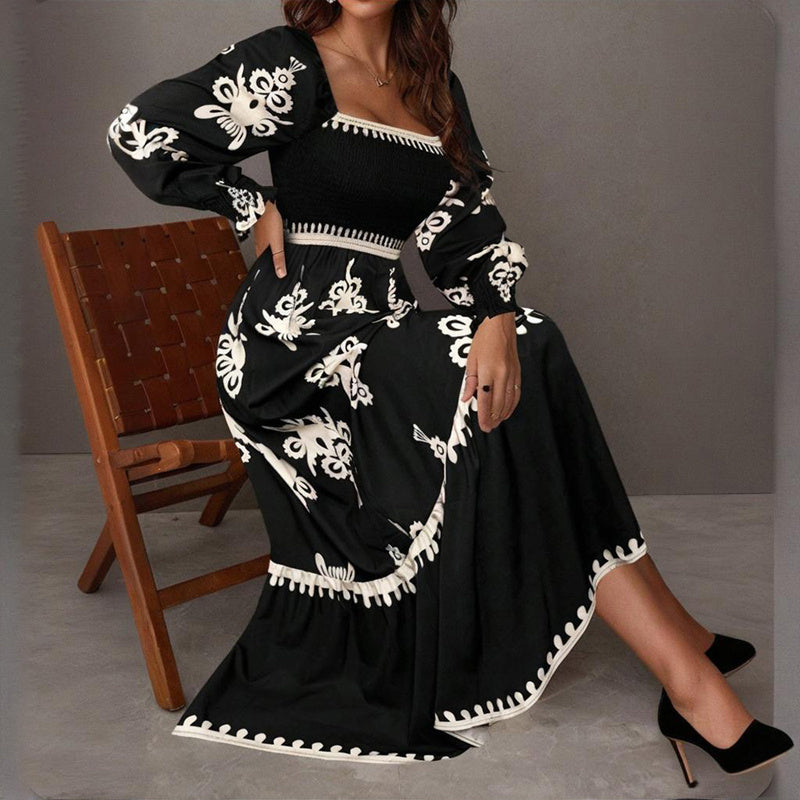 Elegant Retro Geometric Print Lantern-Sleeve Dress - US Only