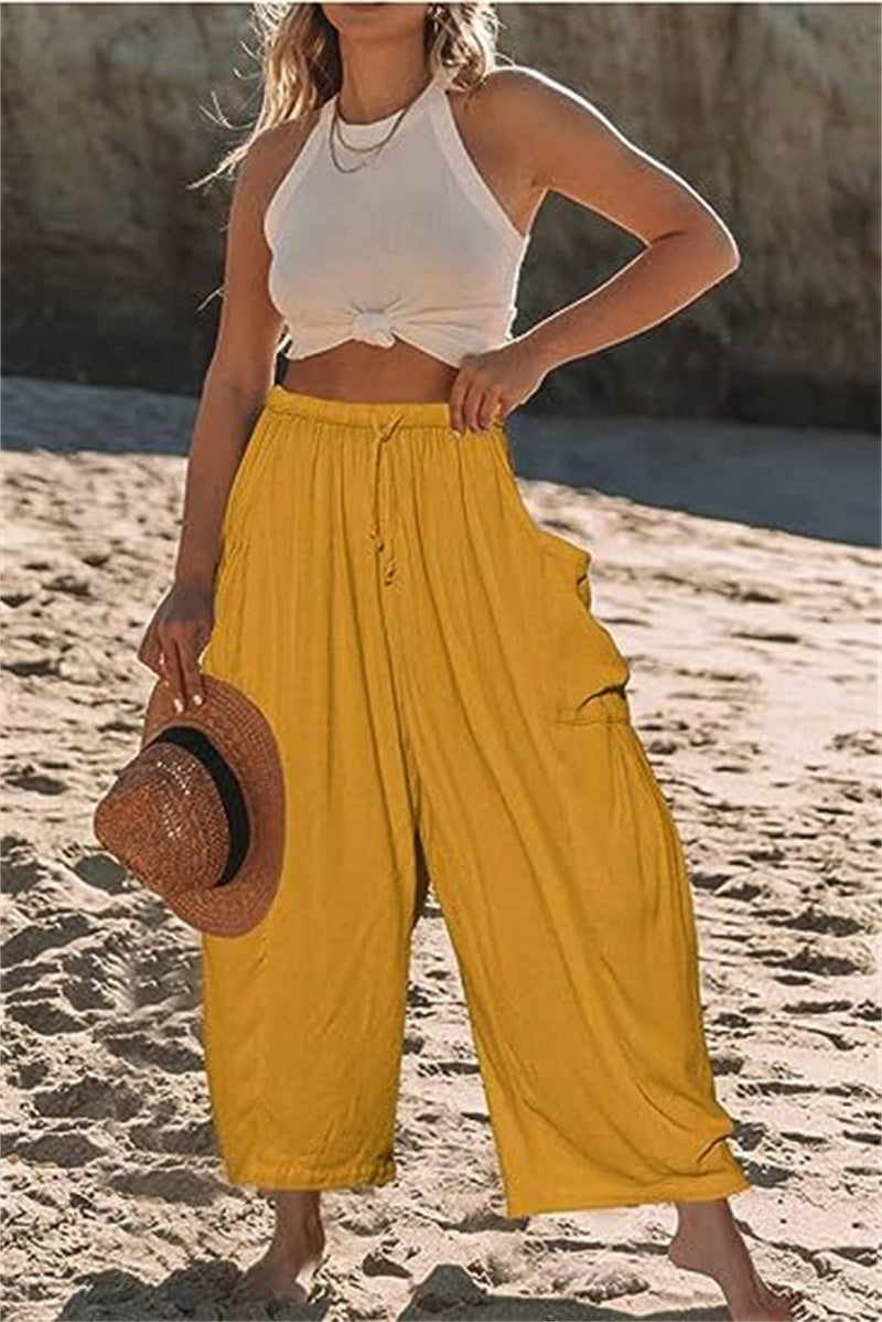 Fashion Wide-Leg Loose Elastic High-Waist Pleated Long Trousers