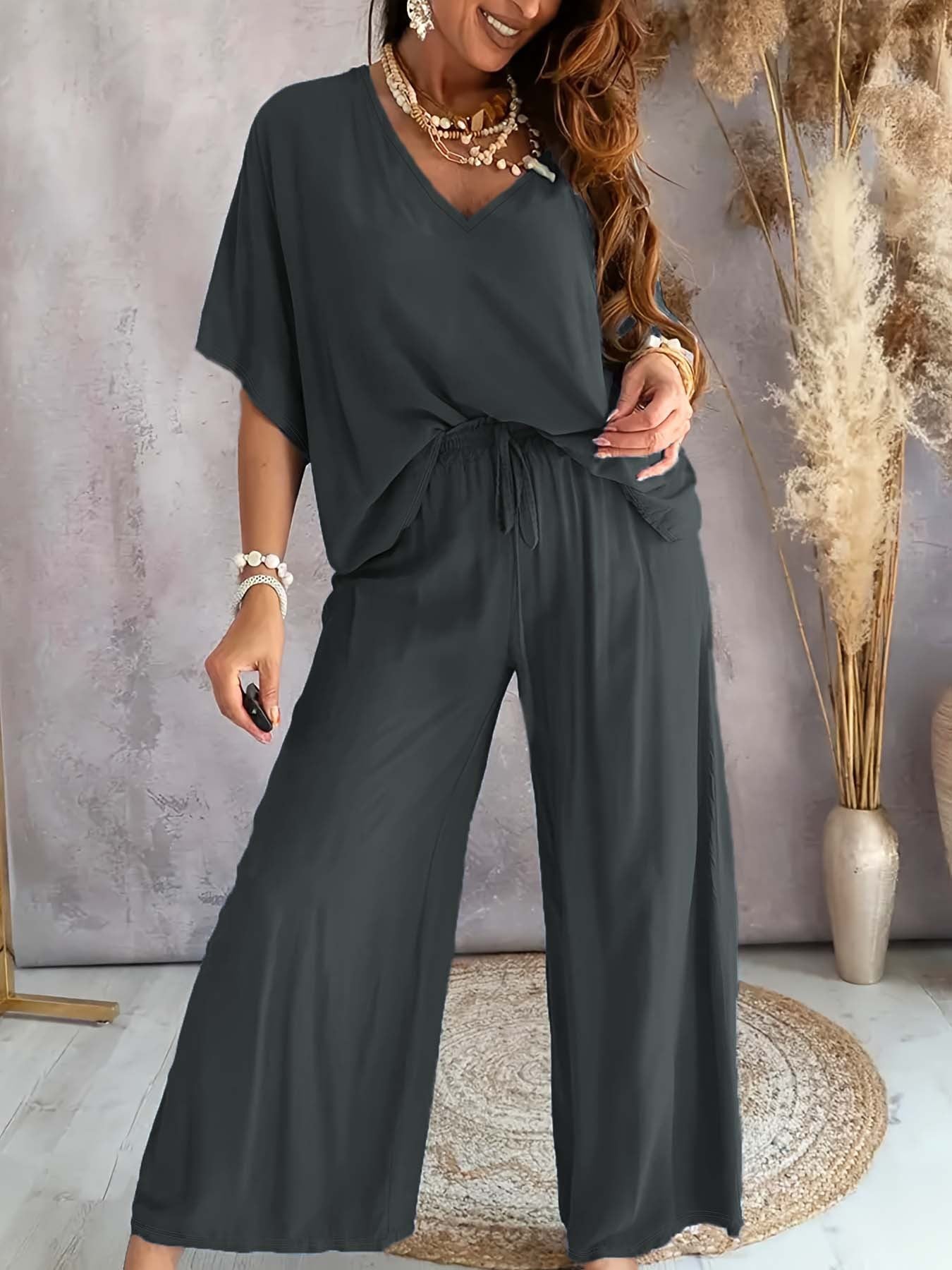 V-neck Batwing-sleeve Top And Loose Wide-leg Pants Solid-color Casual Womens Set