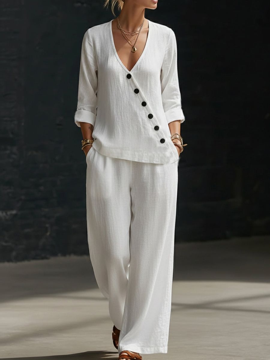 Loose-fitting V-neck Cross-over Shirt And Wide-leg Pants