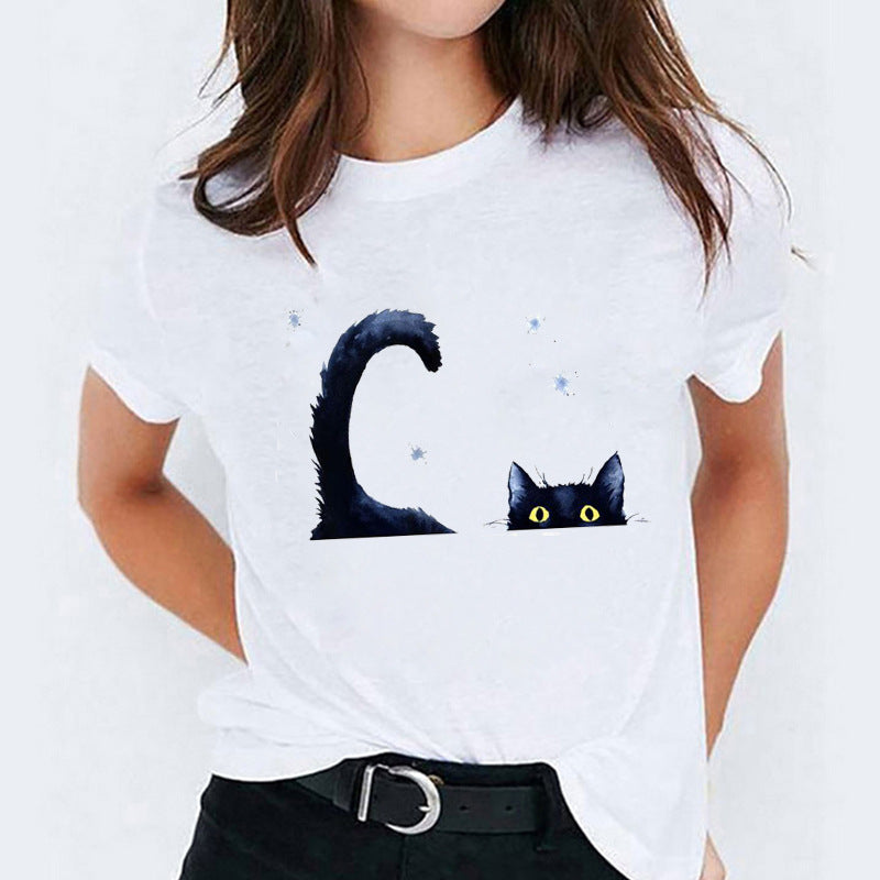 Cat Flamingo Round-Neck Print Short-Sleeve T-Shirt Short For Women