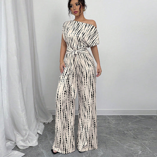 Vacation-Style Slant Shoulder Strap Wide-Leg Jumpsuit