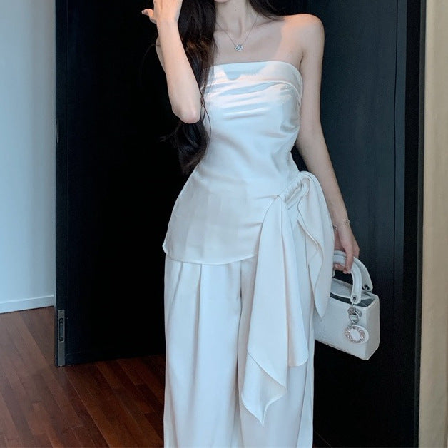 Asymmetrical Strap Cinched Waist Short Sleeveless Tube Top Jumpsuit With Wide-Leg Pants