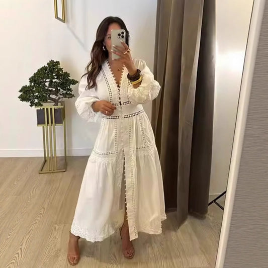 V-Neck Lace-Decorated Loose Dress