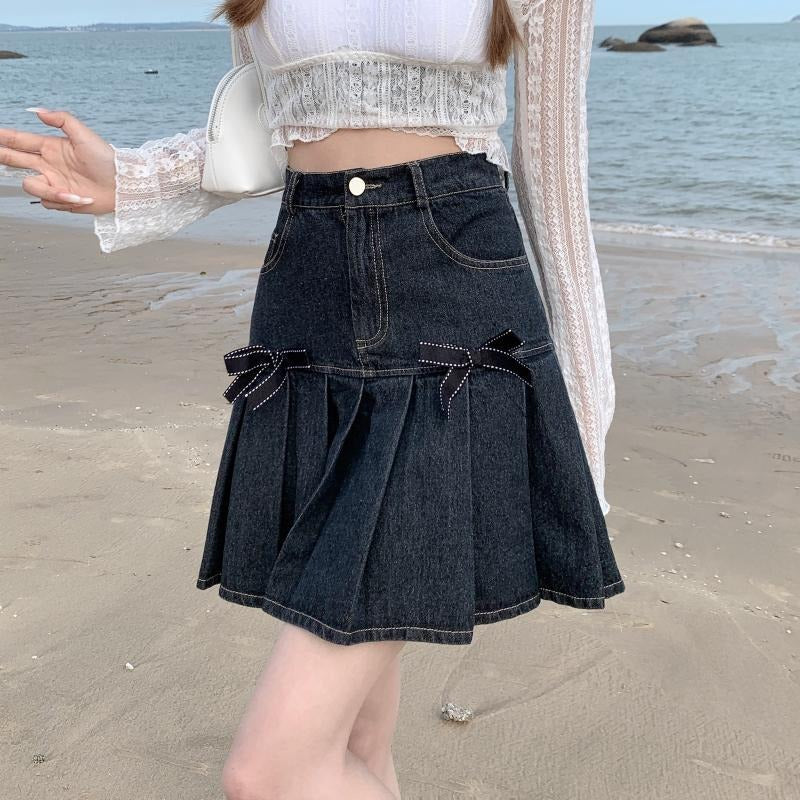 Denim Bow Skirt For Women