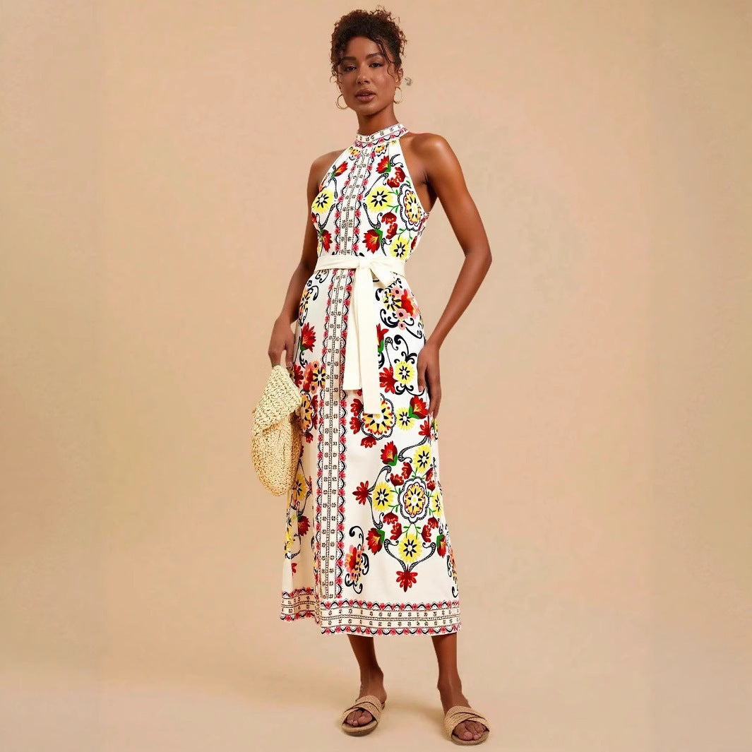 Floral Lace-up Sleeveless Dress